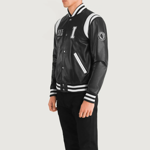 <b>Men's</b> PU Leather Varsity <b>Jacket</b> Preppy Style <b>Letter</b> C Logo Turn-down Collar Regular Fit Autumn Wear - Product Image 5
