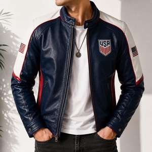 Blouson Bomber Moto en Cuir Bleu Marine pour Homme avec Logo Personnalisé, Patch Drapeau Américain, Col Montant Décontracté – Vente en Gros - Product Image 3