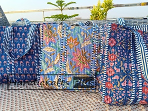 Quilted Floral Lightweight Women <b>Vintage</b> <b>Tote</b> <b>Bag</b> Handmade Shoulder Shopper Open Striped Handles Casual Daily Carry Travel - Product Image 1