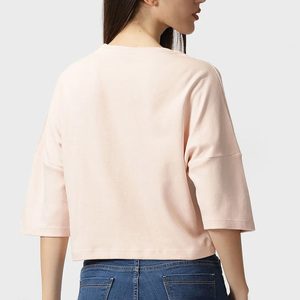 T-shirt court pour femme 100% coton, manches trois quarts, col rond, coupe ample, couleur unie, décontracté, respirant, pour le printemps et l'été - Product Image 2