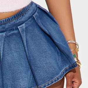 Short en jean taille haute pour femme, couleur unie, avec poches, style décontracté, mini-jupe d'été tissée confortable - Product Image 2