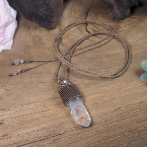 Handmade Clear Quartz Crystal Macrame Pendant <b>Necklace</b> Beige Boho Healing Stone Adjustable <b>Statement</b> Jewelry - Product Image 3