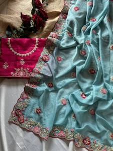 Sari en soie pour femmes, style indien, avec bordure en dentelle brodée, idéal pour les fêtes - Product Image 3