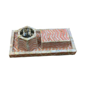 Ensemble de brûle-encens de luxe en résine grise et incrustations de nacre avec plateau et boîte de rangement. Accessoires en laiton pour une décoration intérieure arabe haut de gamme - Product Image 2