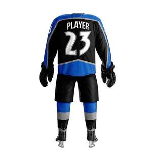 Ensemble de maillot de hockey sur glace pour homme, noir et bleu, manches longues, sublimé, évacuation de l'humidité, coupe classique, vêtements pour adultes - Product Image 6