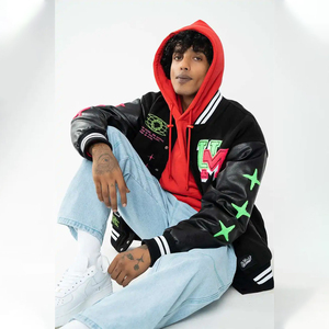 Chaqueta Varsity para Hombre SINEWY SPORTS, Negra, con Mangas de Cuero Sintético, Diseño de Parches de Chenilla, Cierre de Botones a Presión, Estilo Urbano - Product Image 6