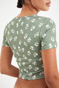 Women Floral Print <b>Crop</b> <b>Top</b> Short Sleeve Crew Neck Regular Fit Casual Knitted T-Shirt Spring Summer Breathable 100% Cotton - Product Image 5