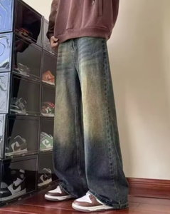 Jeans en denim délavé vintage pour hommes, coupe ample à jambes larges |   Pantalon droit décontracté style streetwear américain toutes saisons - Product Image 3