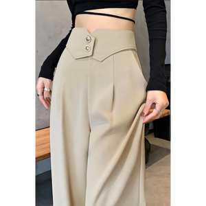 Pantalones anchos de mujer con cintura en V y doble botón, a menudo publicados como pantalones coreanos drapeados o pantalones palazzo de corte ajustado. - Product Image 1