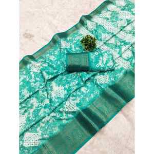 ผ้าพิมพ์ลายดิจิตัล dola Silk กับ kanjivaram border งาน Saree กับ unstitched bolใช้ Sea GREEN - Product Image 1