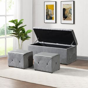 1 Otomana Rectangular de Almacenamiento de Terciopelo Corto Gris Claro con 2 Otomanas Adicionales - Product Image 1