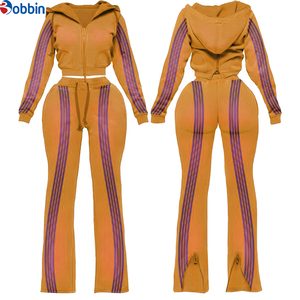 Conjunto de Sudadera con Capucha y Cremallera con Franja Lateral en Contraste y Logotipo Personalizado para Mujer, Pantalones Acampanados, Ropa Deportiva, Conjunto de Sudadera con Capucha, Ropa Urbana - Product Image 3