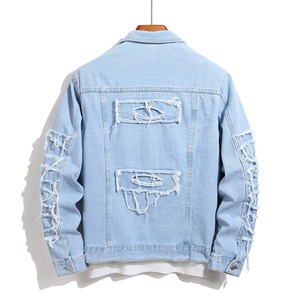 Fashion Trend Men's Broken Holes <b>Denim</b> Jacket Street Casual Male Youth Single Breasted Splicing Pocket Long Sleeve Slim Fit <b>Coat</b> - Product Image 2
