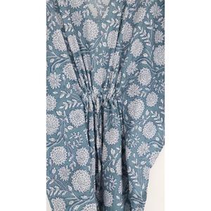 Elegante Vestido Kaftan de Algodón Azul con Estampado Floral, Cuello en V, Estilo Bohemio, Holgado, Informal, para Vacaciones de Verano - Product Image 4