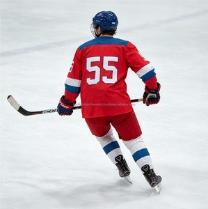 Maillot de hockey sur glace personnalisé rouge, bleu et blanc, col en V, manches longues, numéro d'équipe, respirant, uniforme pour hommes - Product Image 3
