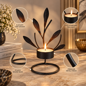 Nature Inspired Black Metal Candle Holder | Decorative <b>Leaf</b> Tea <b>Light</b> Stand for Living Room Dining Table Home Decor Gift Accent - Product Image 4