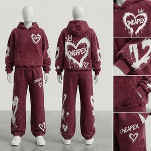 Women's Burgundy Graffiti <b>Heart</b> Hoodie Tracksuit Set White Printed <b>Sweatshirt</b> Wide Leg Pants Streetwear Two Piece Outfit - Product Image 3