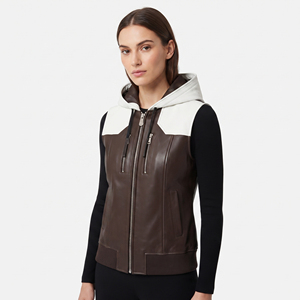 Slim Fit <b>Women's</b> Leather Sleeveless Hoodie Girls <b>Zip</b>-<b>Up</b> Leather Hoodie Vest 100% Leather Sleeveless Hooded <b>Jackets</b> - Product Image 6
