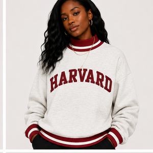 Sweat-shirt graphique vintage Harvard Collegiate pour femme, en molleton épais couleur avoine, col rond, avec bordure côtelée et poignets à rayures, épaules tombantes - Product Image 3