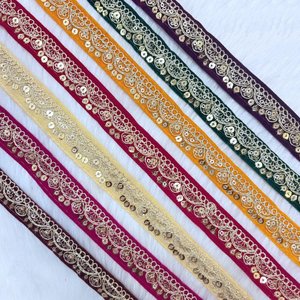 Embroidered Sequin <b>Lace</b> Trim Decorative Floral Border <b>Lace</b> Ribbon for Saree Dress Dupatta Sewing Craft Garment Trim - Product Image 5