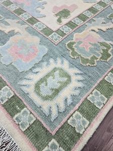 Tapis en laine noué à la main au design moderne, motif floral vert pastel et bleu, 8x10 et 9x12 pieds, aspect vintage pour salon, tapis 1 pièce MQ - Product Image 5