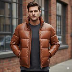 Blouson d'hiver contemporain en cuir matelassé, rembourrage structuré, doublure confortable, design à capuche, coupe-vent, caractéristiques écologiques, fermeture avant - Product Image 1