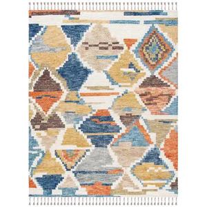 Tapis d'intérieur artisanal en laine et acrylique rayé bleu beige vert, style bohème, à poils longs, rectangulaire, pour salon, avec franges - Product Image 2
