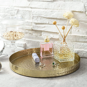 Handcrafted Brass Tone Metal Display Tray Hammered Design Steel Serving Platter for Kitchen Tabletop <b>Decorative</b> Centerpiece for - Product Image 5