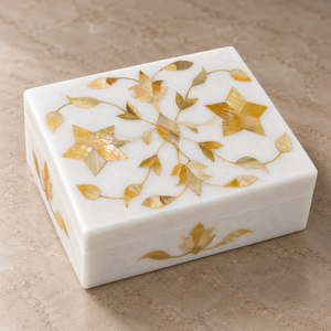 Elegant Modern White Marble Jewelry Box with Gold Floral Inlay Rectangle Lid <b>Storage</b> for Women Girls Christmas - Product Image 2