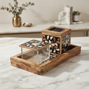 Juego de Quemadores de Incienso de Madera Ecológicos Hechos a Mano con Diseño Geométrico Incrustado, Porta Incienso Indio, Decoración para el Hogar, Uso en Todas las Estaciones - Product Image 1