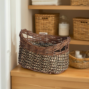 Panier de rangement rectangulaire en jonc de mer et rotin de style nordique unique de qualité supérieure avec base en bois-Idéal pour le rangement des vêtements - Product Image 2