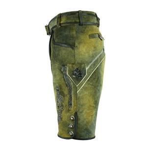 Pantalones Cortos Bávaros de Cuero Bordados Verdes para Hombre, Cintura Alta, Cierre de Botones, Estilo Casual, Diseño Floral Hecho a Mano - Product Image 2