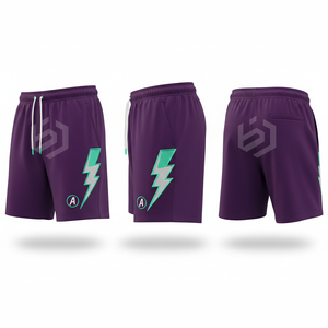 Shorts pour hommes violets à cordon de serrage avec imprimé éclair vert, séchage rapide, style sportif, taille mi-haute - Product Image 1