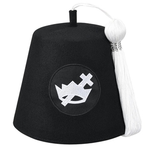 Sombrero Fez de Fieltro Negro con Borla Blanca y Emblema Bordado, Gorra Tradicional Estilo Otomano para Disfraces y Escenario - Product Image 1