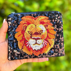 Pochette perlée motif tête de lion, porte-monnaie noir à sequins, mini portefeuille zippé animal safari, accessoire de boutique du zodiaque Lion, vente en gros - Product Image 2