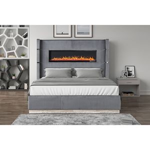 Letto Matrimoniale con Illuminazione Ambientale in Velluto Grigio, Letto Imbottito in Legno con Caratteristiche Eleganti - Product Image 2
