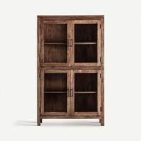 Buffet nordique moderne et durable en bois de manguier massif avec portes vitrées et poignées en fer – Meuble de rangement pour la maison