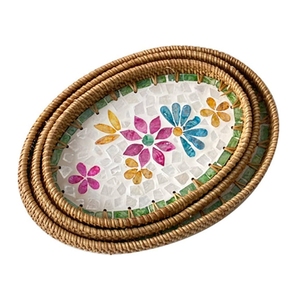 Leafy Pattern Round Rattan <b>Storage</b> <b>Tray</b> with Mother of Pearl Inlay in high quality and affordable price for home decor - Product Image 4