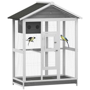 Gabbia per uccelli in legno da 64.5 pollici con 4 posatoi nido e vassoio scorrevole voliera grigia per alimentazione gabbia di volo uso interno/esterno - Product Image 1