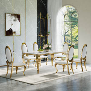 โต๊ะอาหารงานแต่งงานขายส่ง ชุดโต๊ะรับประทานอาหาร เฟอร์นิเจอร์บ้าน ท็อปหินอ่อน โครงเหล็กสแตนเลสสีทอง โต๊ะรับประทานอาหารหรูหราทันสมัย - Product Image 2