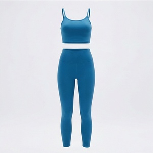 <b>Women</b> <b>Navy</b> Blue Yoga Set 2 Piece Spaghetti Strap Scoop Neck Crop Top High Waist Full Length <b>Leggings</b> - Product Image 1