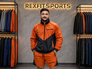 REXFIT SPORTS 2026 Ensemble veste et short en nylon orange et noir pour homme, fermeture éclair intégrale, color block, vêtements de sport, marque privée - Product Image 4