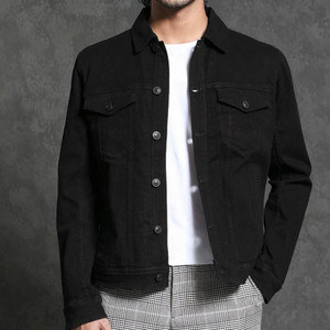 Unisex <b>Black</b> Denim Jacket Regular Fit Turn-down Collar Button Closure Washed Cotton Casual Autumn/spring Tailored style jacket - Product Image 2
