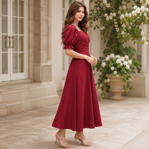 Vestido Maxi Elegante Color Borgoña para Mujer con Cuello Cuadrado y Mangas Abullonadas |   Vestido de fiesta casual con escote fruncido y corte en A para la noche - Product Image 2