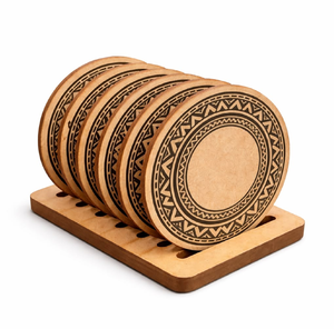 Sous-verres ronds en bois avec motif de feuille de palmier découpé, accompagnés d'un support assorti, disponibles à prix de gros. - Product Image 5