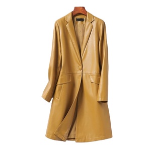 Trench-coat en peau de mouton mi-longueur femme avec col blazer simple en cuir véritable imperméable automne hiver vêtements d'extérieur en peau d'agneau - Product Image 5