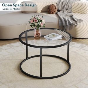 Round Glass Coffee <b>Table</b> with <b>Clear</b> Tempered Glass Top and Black Metal Frame Accent Center <b>Table</b> for Living Room and Small Space - Product Image 2