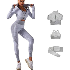 Women 3 Piece Yoga Set Racerback Crop <b>Top</b> Full Length Leggings Print Green Seamless Activewear High Waist Front Logo - Product Image 1