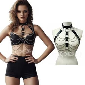 Harnais de corps avec chaînes argentées superposées, collier ras du cou, anneau en O, harnais de poitrine - Product Image 2