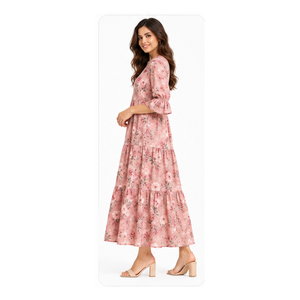 Women's Floral Maxi <b>Dress</b> Tiered Long <b>Dress</b> Button Front 3/4 Sleeve Casual Modest <b>Summer</b> <b>Boho</b> Fashion Wholesale Ladies Clothing - Product Image 2
